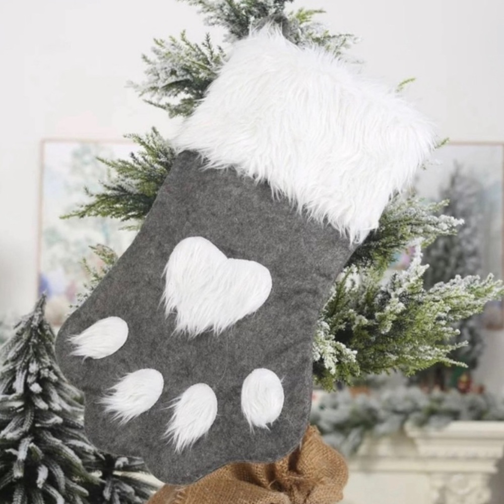 Gray Faux Fur and Felt Paw Print Stocking for Your Pet Lover or Pet